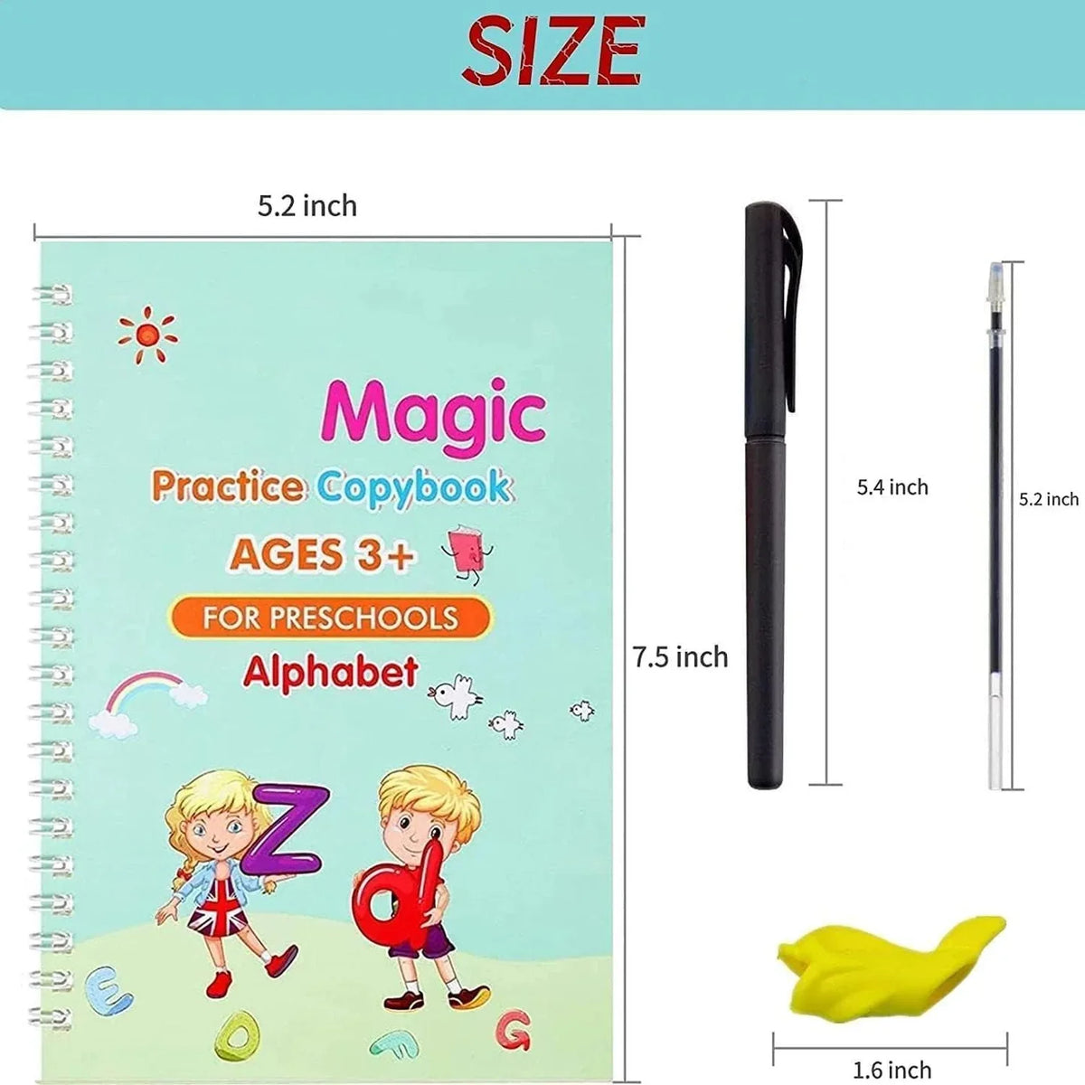 Sank Magic Practice Copybook Set for Kids (4 Books + Pen + Grip + 10 Refills) - Reusable Handwriting Improvement Workbook for Preschool, Nursery & Early Learning