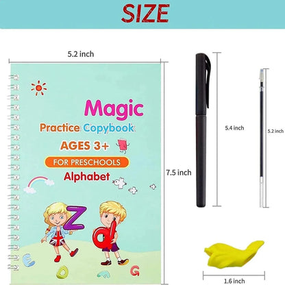 Sank Magic Practice Copybook Set for Kids (4 Books + Pen + Grip + 10 Refills) - Reusable Handwriting Improvement Workbook for Preschool, Nursery & Early Learning