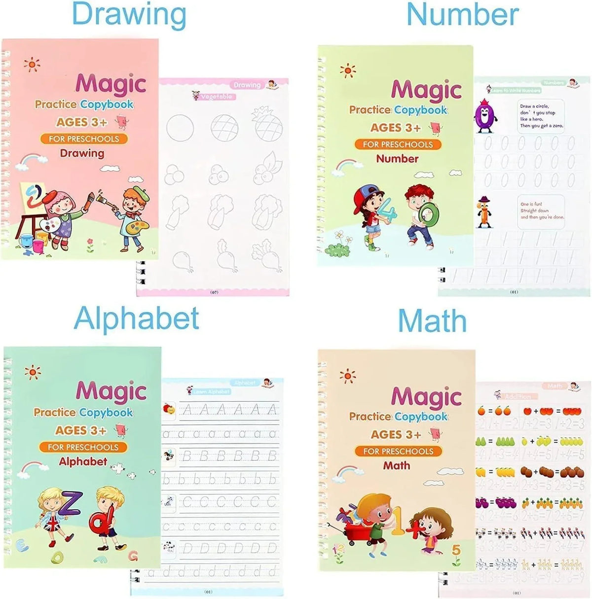 Sank Magic Practice Copybook Set for Kids (4 Books + Pen + Grip + 10 Refills) - Reusable Handwriting Improvement Workbook for Preschool, Nursery & Early Learning