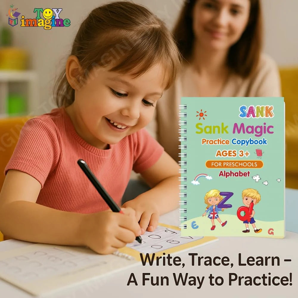 Sank Magic Practice Copybook Set for Kids (4 Books + Pen + Grip + 10 Refills) - Reusable Handwriting Improvement Workbook for Preschool, Nursery & Early Learning