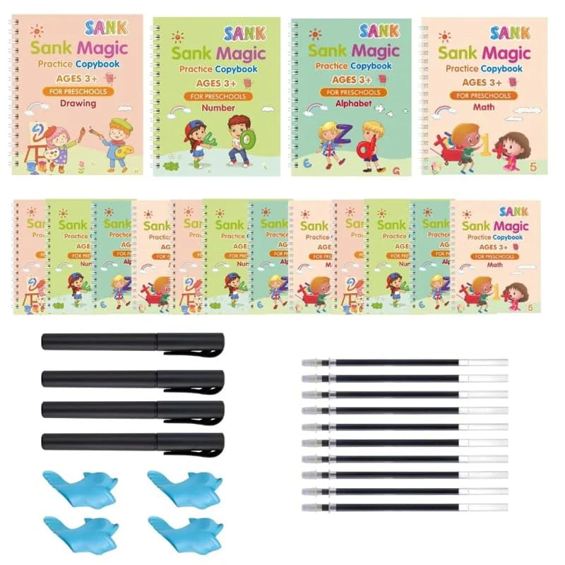 Sank Magic Practice Copybook Set for Kids (4 Books + Pen + Grip + 10 Refills) - Reusable Handwriting Improvement Workbook for Preschool, Nursery & Early Learning