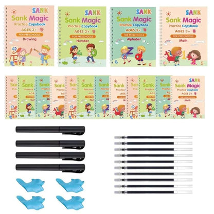 Sank Magic Practice Copybook Set for Kids (4 Books + Pen + Grip + 10 Refills) - Reusable Handwriting Improvement Workbook for Preschool, Nursery & Early Learning