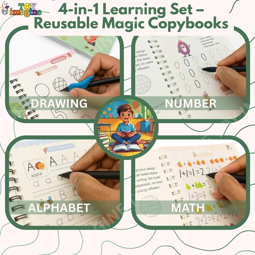 Sank Magic Practice Copybook Set for Kids (4 Books + Pen + Grip + 10 Refills) - Reusable Handwriting Improvement Workbook for Preschool, Nursery & Early Learning