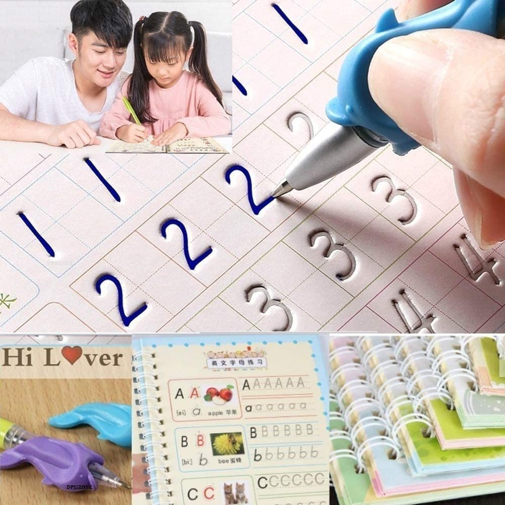Sank Magic Practice Copybook Set for Kids (4 Books + Pen + Grip + 10 Refills) - Reusable Handwriting Improvement Workbook for Preschool, Nursery & Early Learning