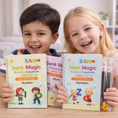Sank Magic Practice Copybook Set for Kids (4 Books + Pen + Grip + 10 Refills) - Reusable Handwriting Improvement Workbook for Preschool, Nursery & Early Learning