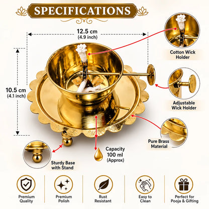 Akhand Diya with Adjustable Wick & Glass | Premium Brass Oil Lamp for Pooja, Mandir & Home Décor