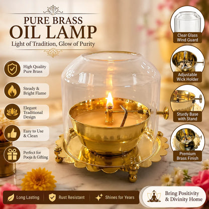 Akhand Diya with Adjustable Wick & Glass | Premium Brass Oil Lamp for Pooja, Mandir & Home Décor