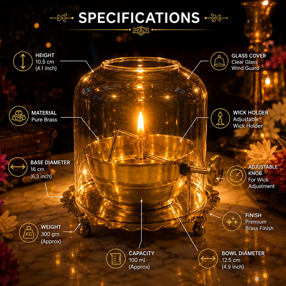 Akhand Diya with Adjustable Wick & Glass | Premium Brass Oil Lamp for Pooja, Mandir & Home Décor