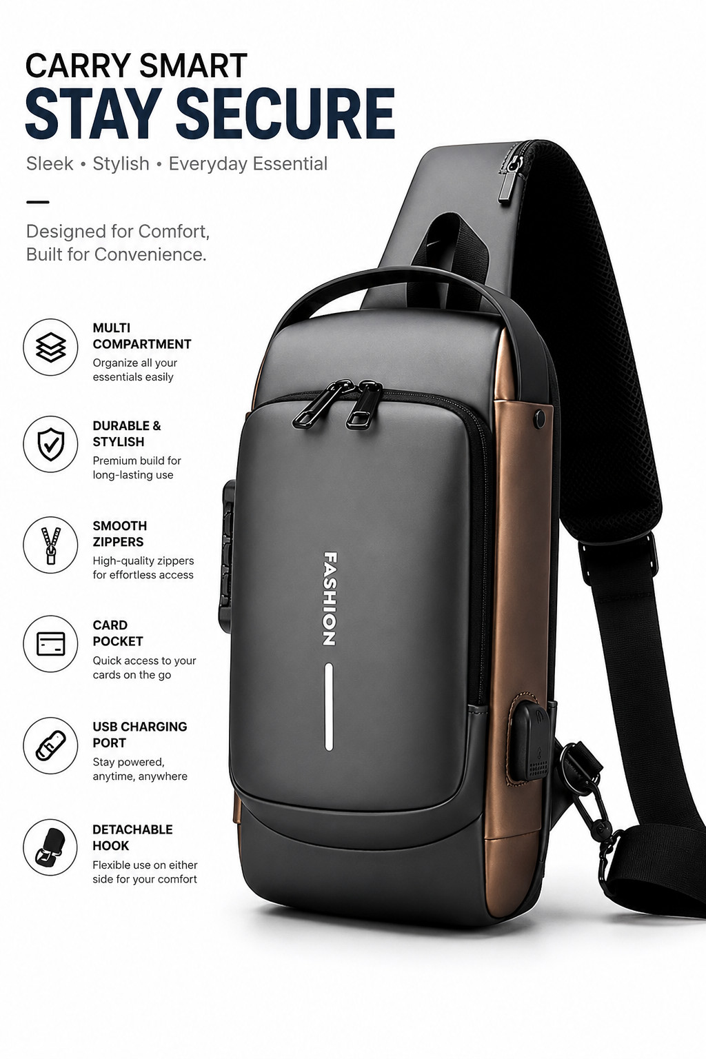 Anti-Theft Crossbody Sling Bag with USB Charging Port – Multi-Compartment Travel Chest Bag for Men & Women