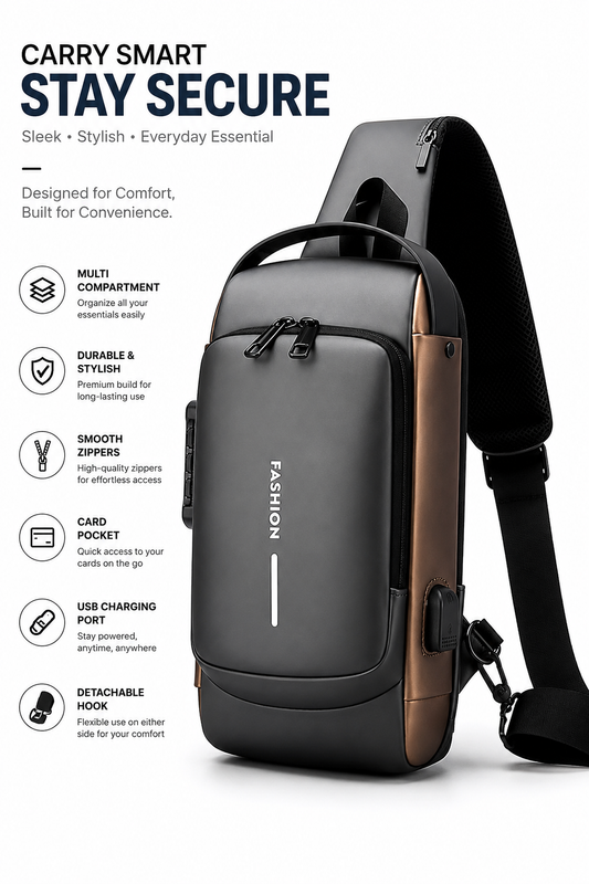 Anti-Theft Crossbody Sling Bag with USB Charging Port – Multi-Compartment Travel Chest Bag for Men & Women