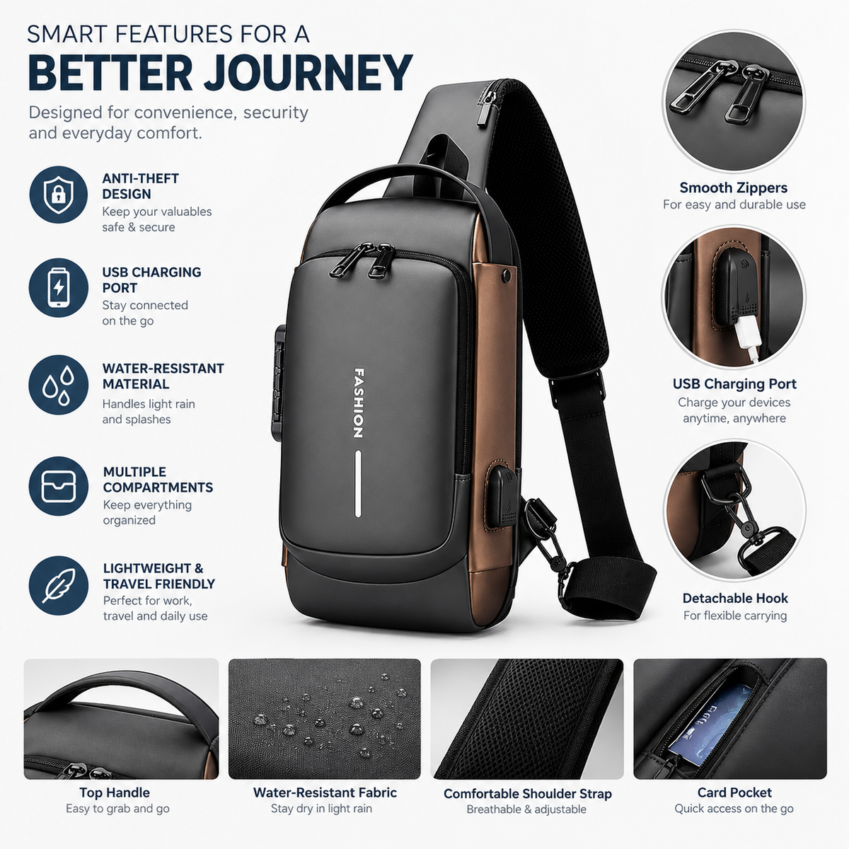 Anti-Theft Crossbody Sling Bag with USB Charging Port – Multi-Compartment Travel Chest Bag for Men & Women