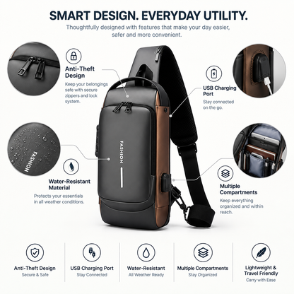 Anti-Theft Crossbody Sling Bag with USB Charging Port – Multi-Compartment Travel Chest Bag for Men & Women