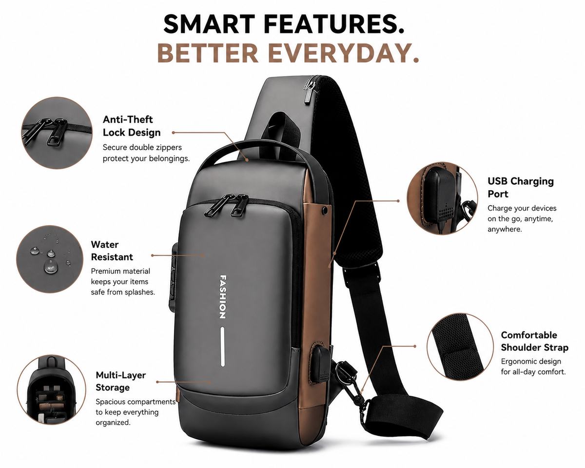 Anti-Theft Crossbody Sling Bag with USB Charging Port – Multi-Compartment Travel Chest Bag for Men & Women