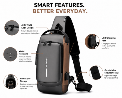 Anti-Theft Crossbody Sling Bag with USB Charging Port – Multi-Compartment Travel Chest Bag for Men & Women