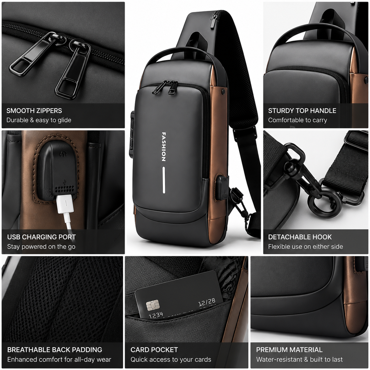 Anti-Theft Crossbody Sling Bag with USB Charging Port – Multi-Compartment Travel Chest Bag for Men & Women