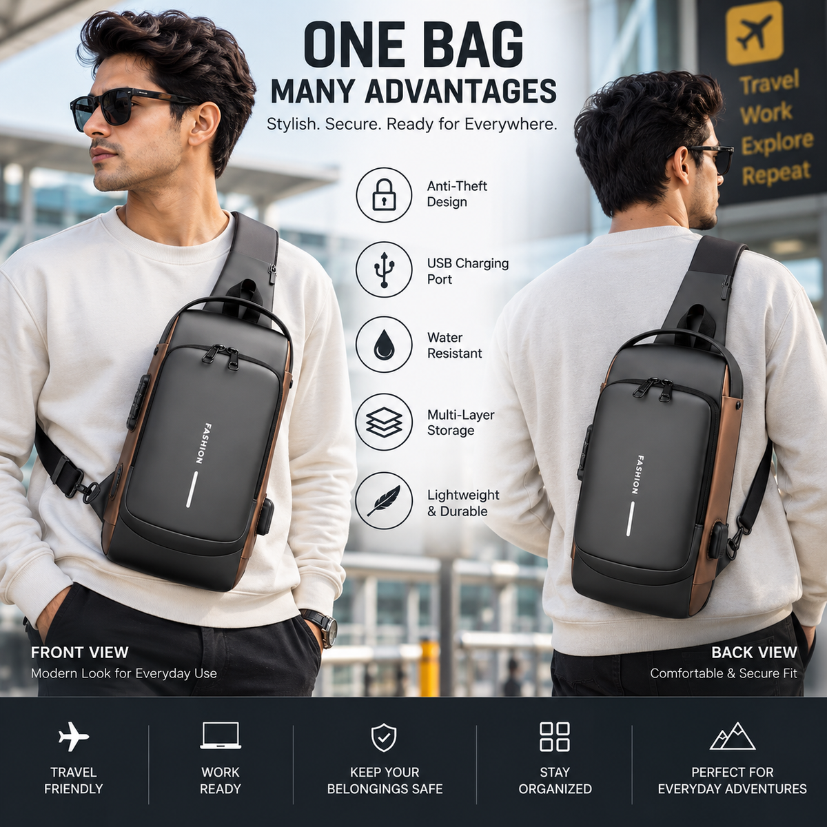 Anti-Theft Crossbody Sling Bag with USB Charging Port – Multi-Compartment Travel Chest Bag for Men & Women