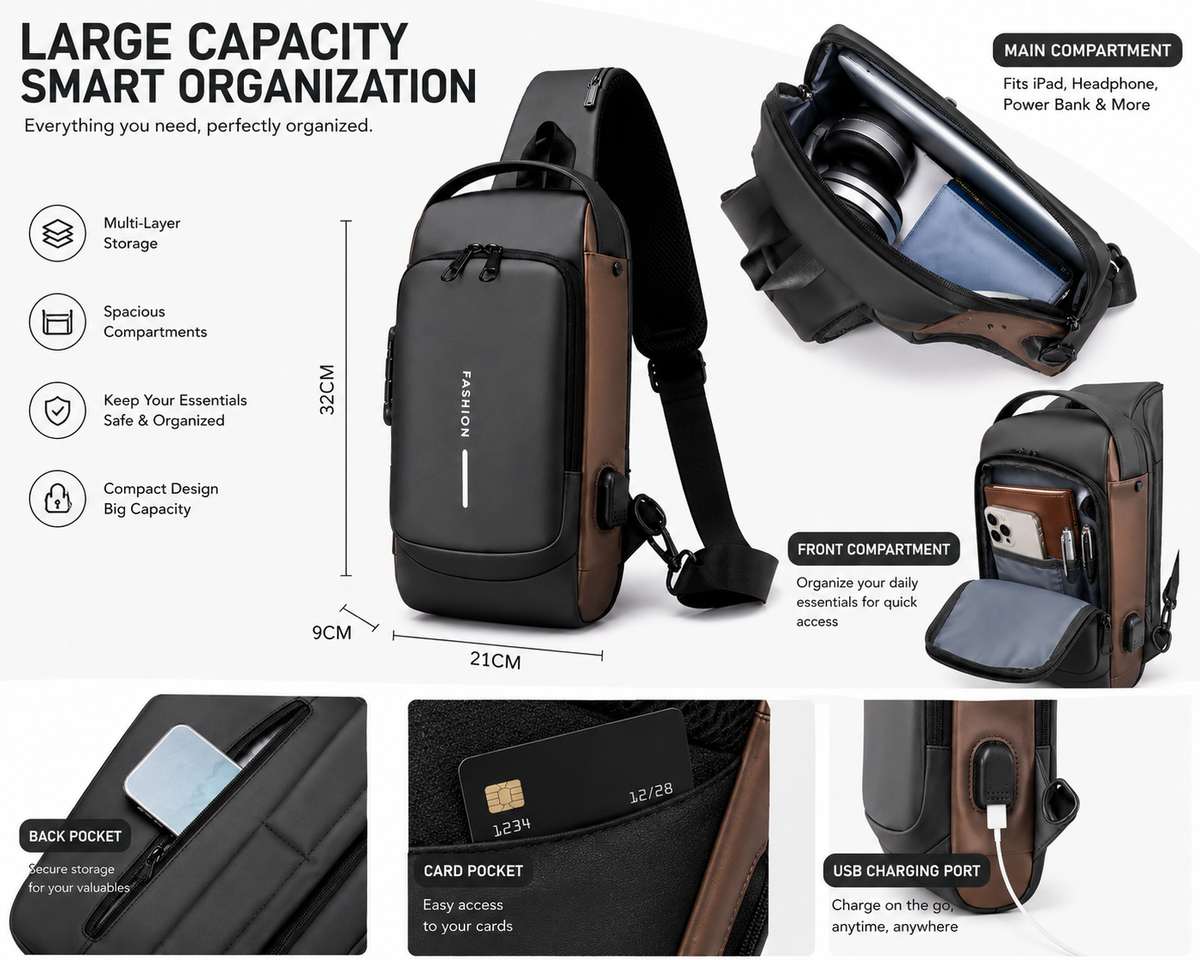 Anti-Theft Crossbody Sling Bag with USB Charging Port – Multi-Compartment Travel Chest Bag for Men & Women