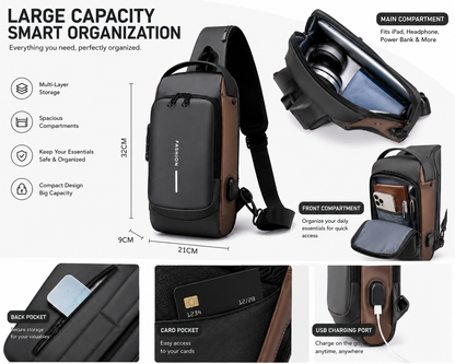 Anti-Theft Crossbody Sling Bag with USB Charging Port – Multi-Compartment Travel Chest Bag for Men & Women