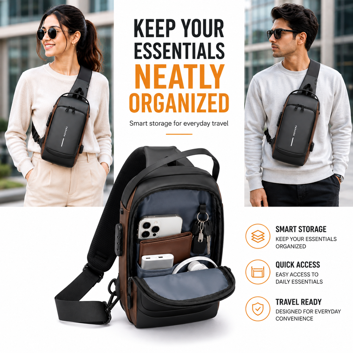 Anti-Theft Crossbody Sling Bag with USB Charging Port – Multi-Compartment Travel Chest Bag for Men & Women