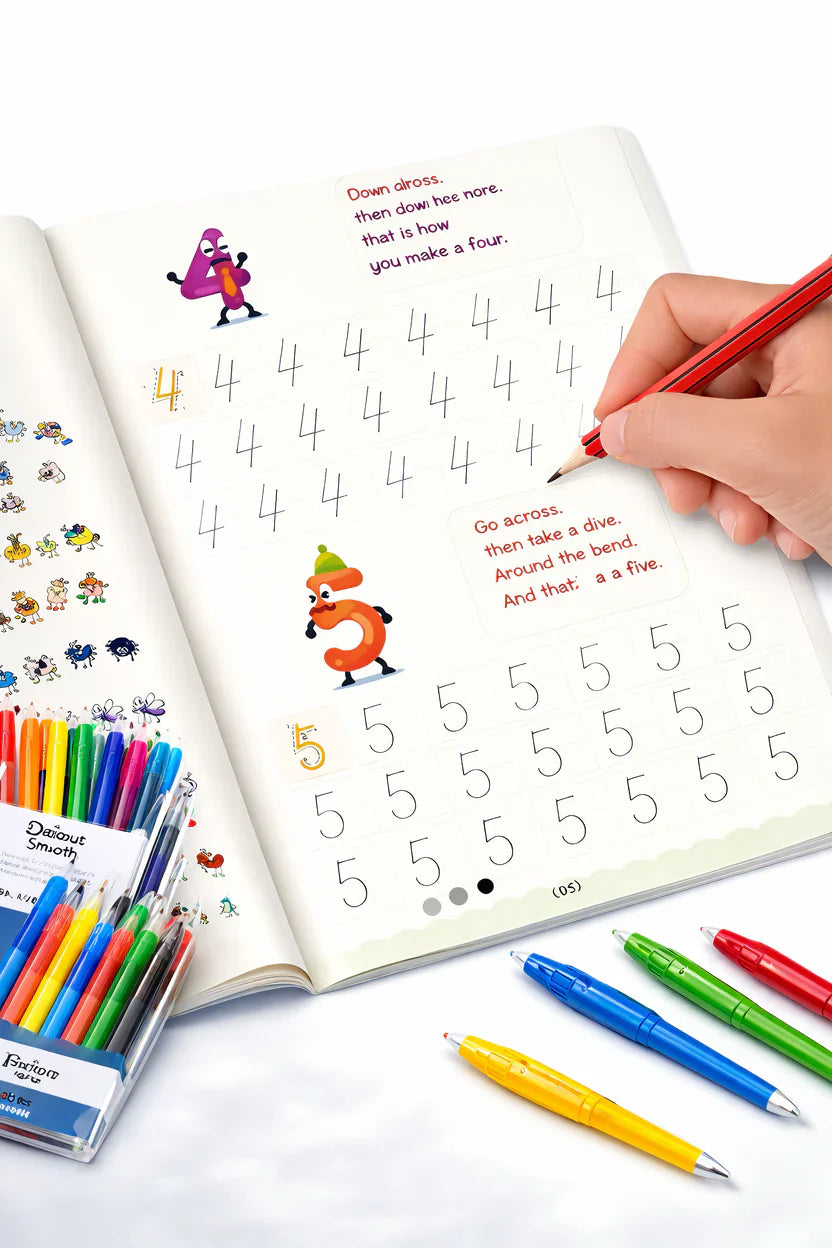 Sank Magic Practice Copybook Set for Kids (4 Books + Pen + Grip + 10 Refills) - Reusable Handwriting Improvement Workbook for Preschool, Nursery & Early Learning