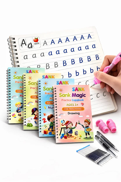 Sank Magic Practice Copybook Set for Kids (4 Books + Pen + Grip + 10 Refills) - Reusable Handwriting Improvement Workbook for Preschool, Nursery & Early Learning