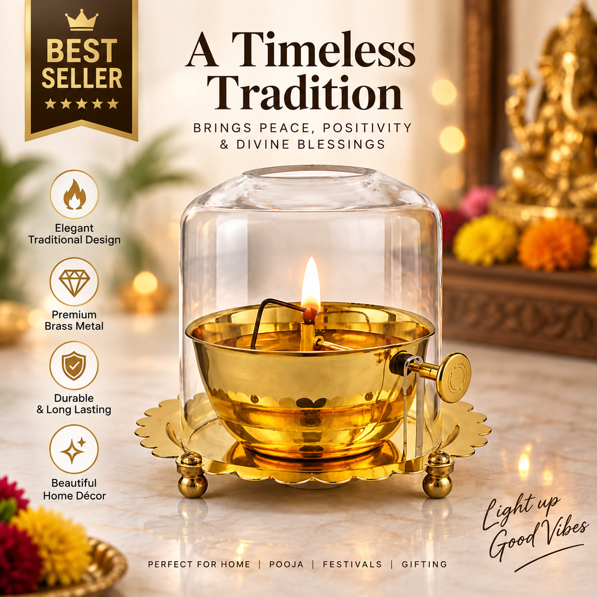 Akhand Diya with Adjustable Wick & Glass | Premium Brass Oil Lamp for Pooja, Mandir & Home Décor