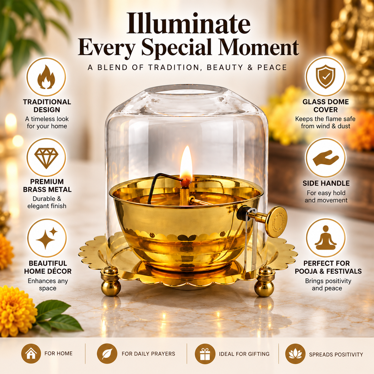 Akhand Diya with Adjustable Wick & Glass | Premium Brass Oil Lamp for Pooja, Mandir & Home Décor