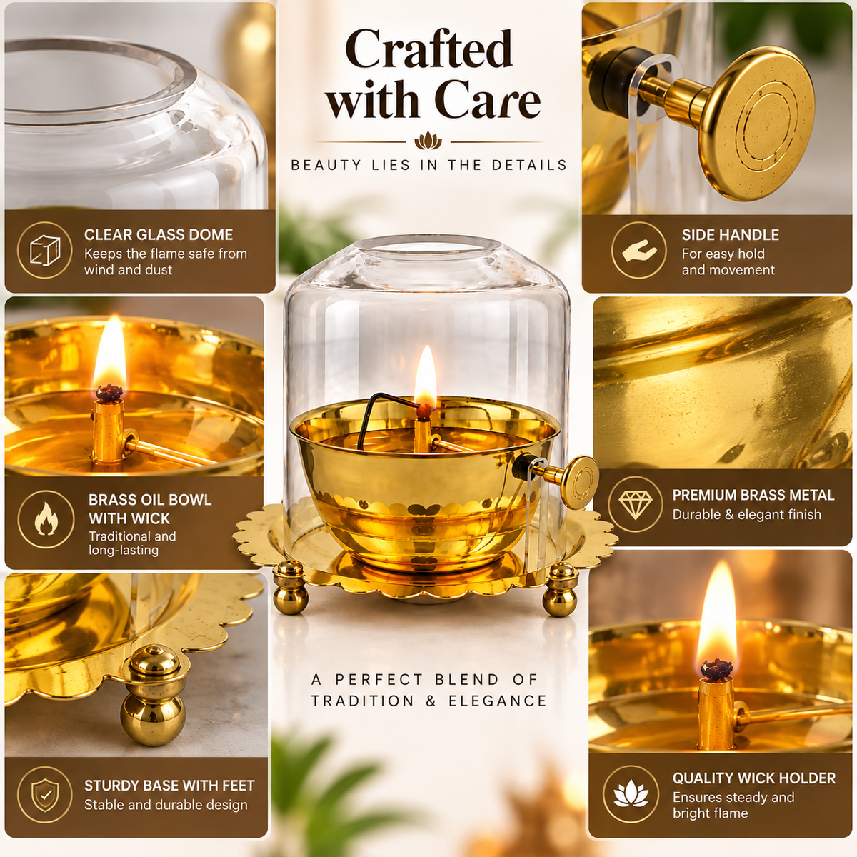 Akhand Diya with Adjustable Wick & Glass | Premium Brass Oil Lamp for Pooja, Mandir & Home Décor