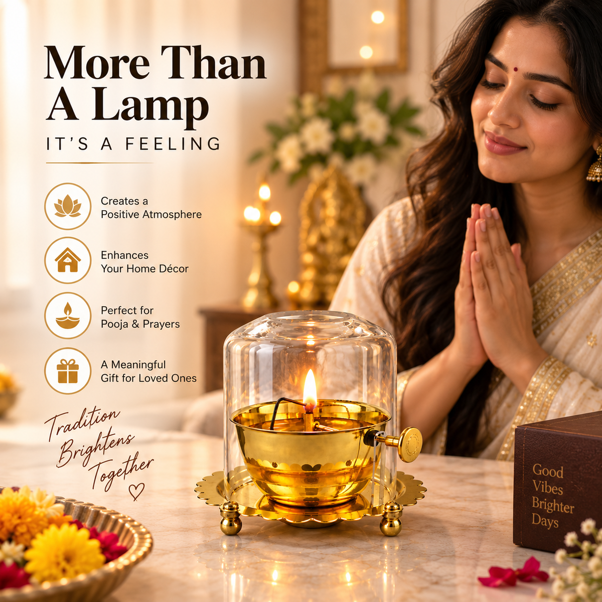 Akhand Diya with Adjustable Wick & Glass | Premium Brass Oil Lamp for Pooja, Mandir & Home Décor