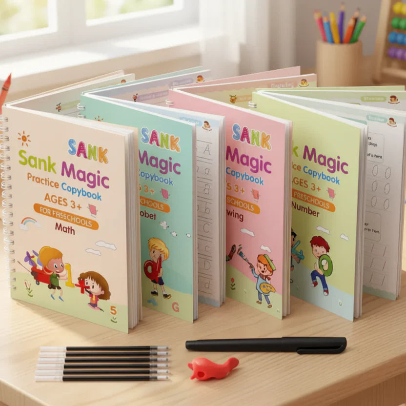 Sank Magic Practice Copybook Set for Kids (4 Books + Pen + Grip + 10 Refills) - Reusable Handwriting Improvement Workbook for Preschool, Nursery & Early Learning