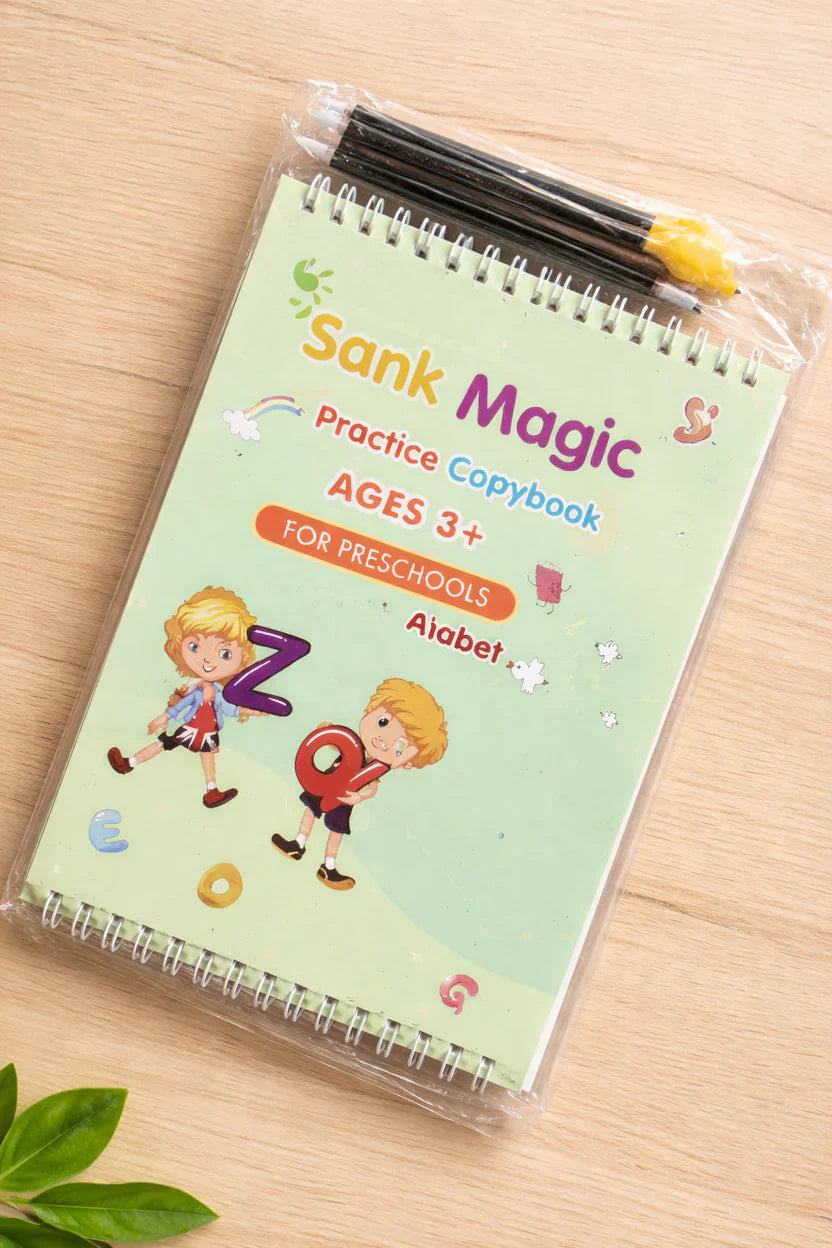 Sank Magic Practice Copybook Set for Kids (4 Books + Pen + Grip + 10 Refills) - Reusable Handwriting Improvement Workbook for Preschool, Nursery & Early Learning