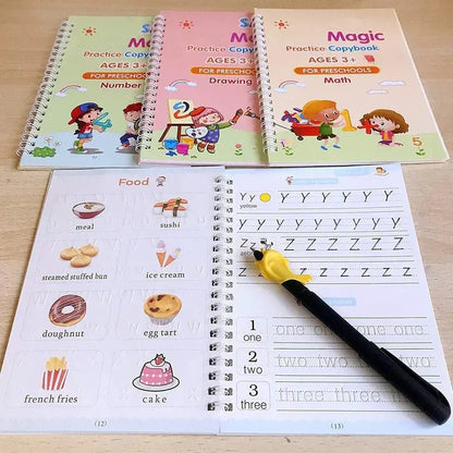 Sank Magic Practice Copybook Set for Kids (4 Books + Pen + Grip + 10 Refills) - Reusable Handwriting Improvement Workbook for Preschool, Nursery & Early Learning